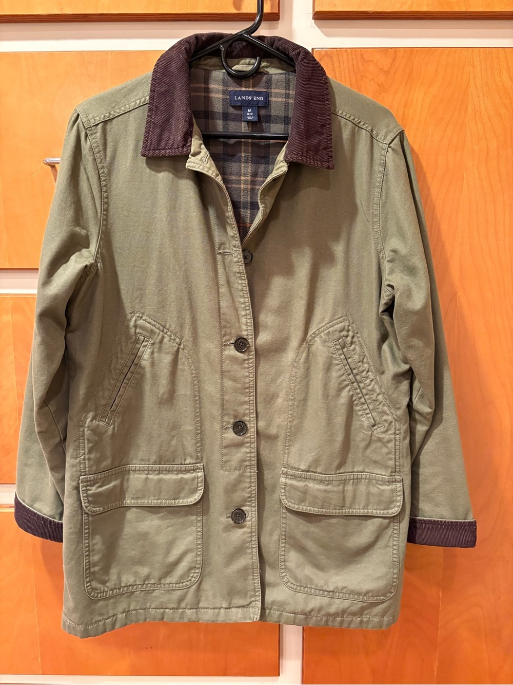 Lands' End Barn Chore Jacket with Brown Corduroy Collar Flannel Lined VTG Green